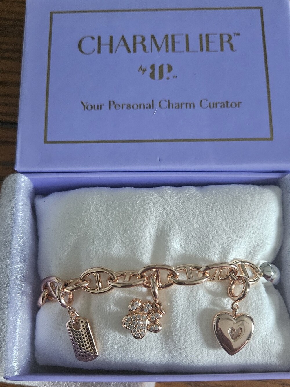 Bomb Party Charmelier Rose Gold Charm Bracelet with Heart & Dog Paw Charms